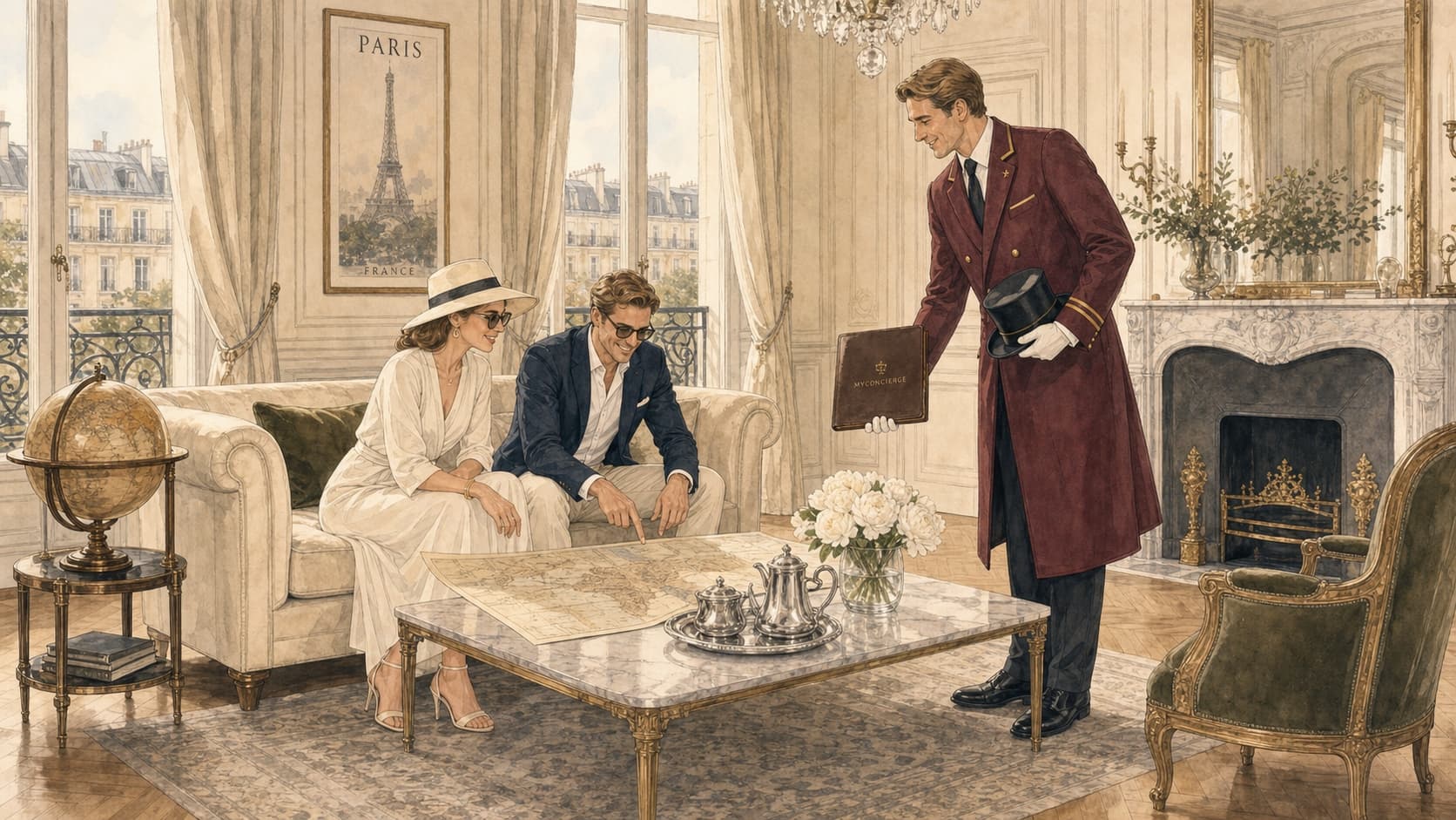 Le Concierge de MyConciergeHotel, en manteau bordeaux, présente une adresse d'exception à un couple élégant dans un salon parisien face à la tour Eiffel
