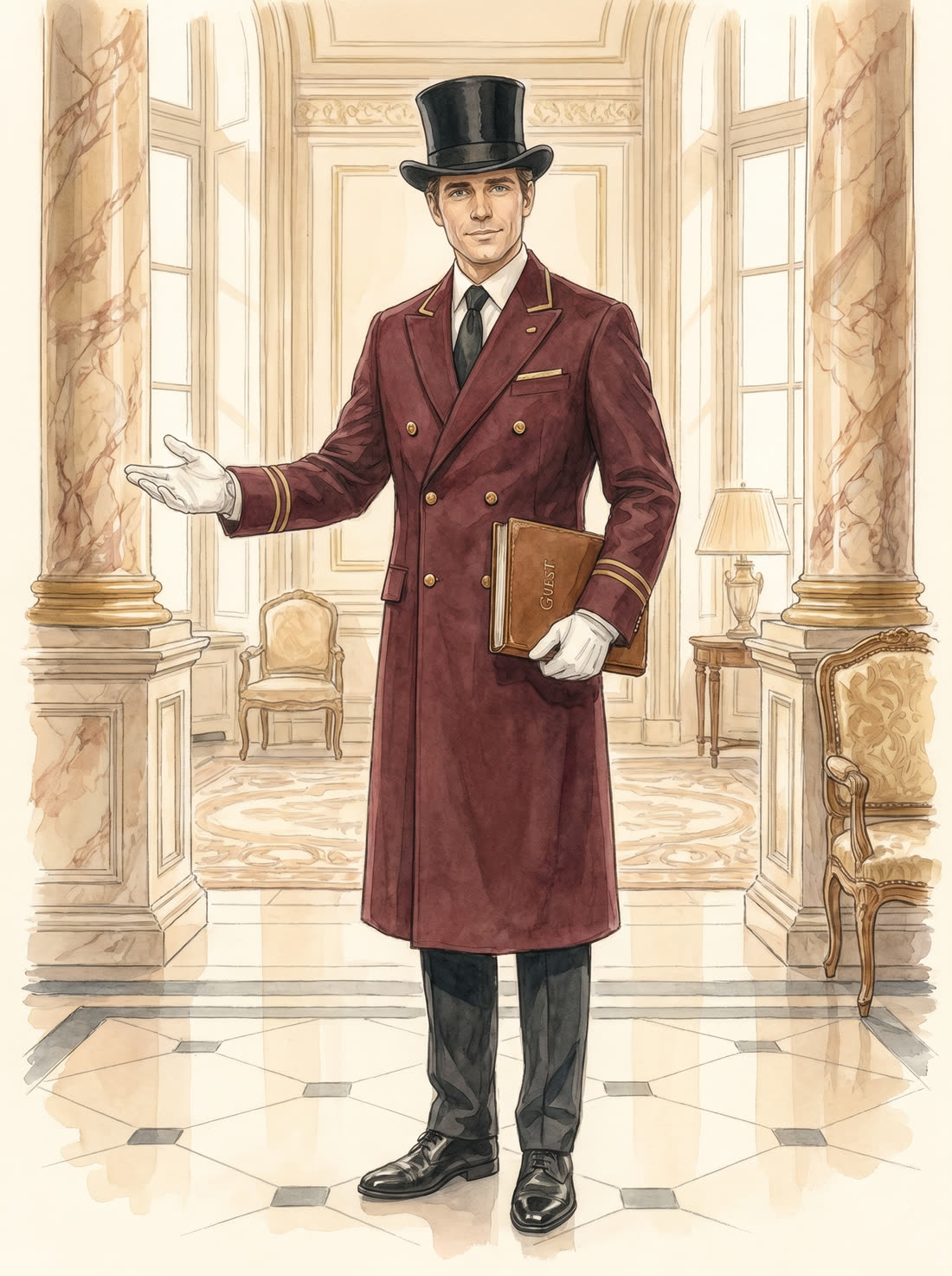Le Concierge de MyConciergeHotel tenant le livre d'or des membres du Concierge Club, illustration aquarelle