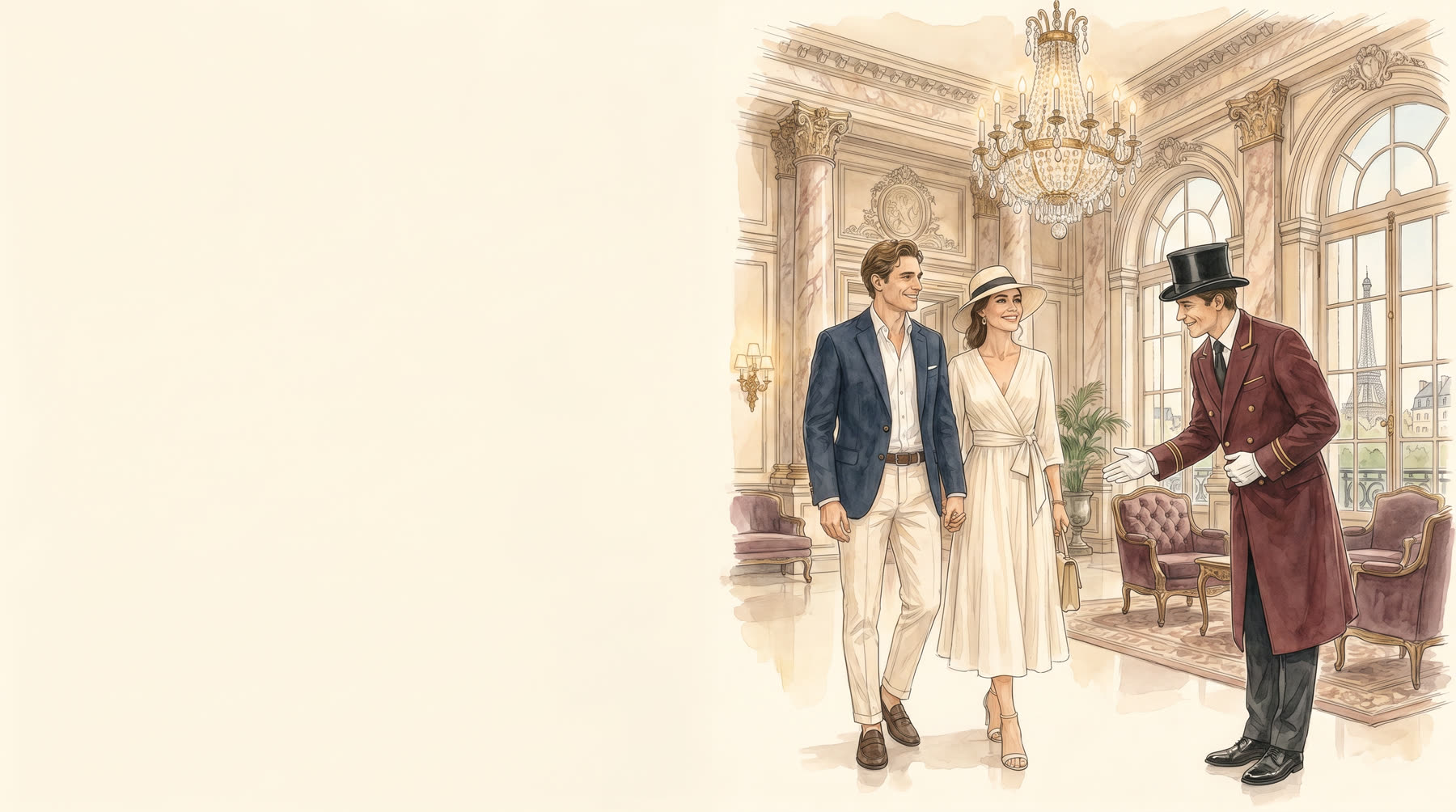 Le Concierge de MyConciergeHotel accueillant un couple de voyageurs dans le hall d'un palace, illustration aquarelle